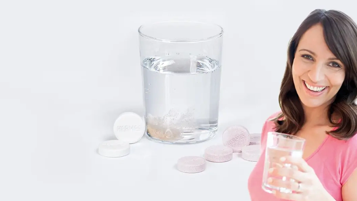 عکس یک دختر که یک لیوان آب در دست گرفته و در پشت سر او عکس یک لیوان است که در کنار آن یک قرص جوشان قرار گرفته است