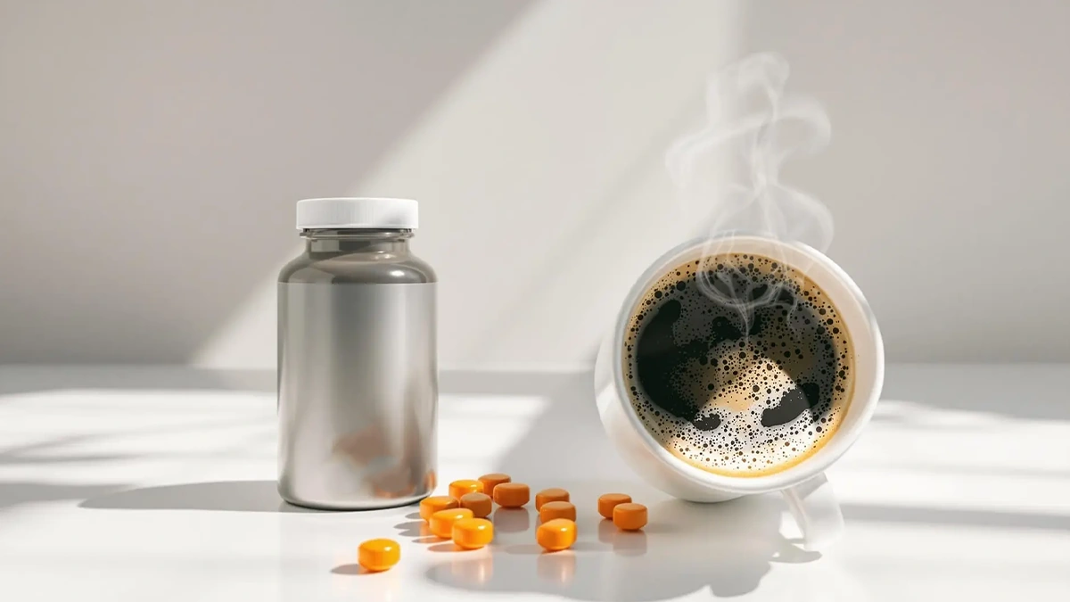 یک شیشه دردار و چند قرص در کنار یک فنجان قهوه