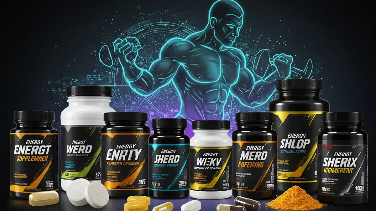 طرحی از یک مرد بدنساز در پشت تصویر و چند قوطی مکمل انرژی زا در جلوی تصویر