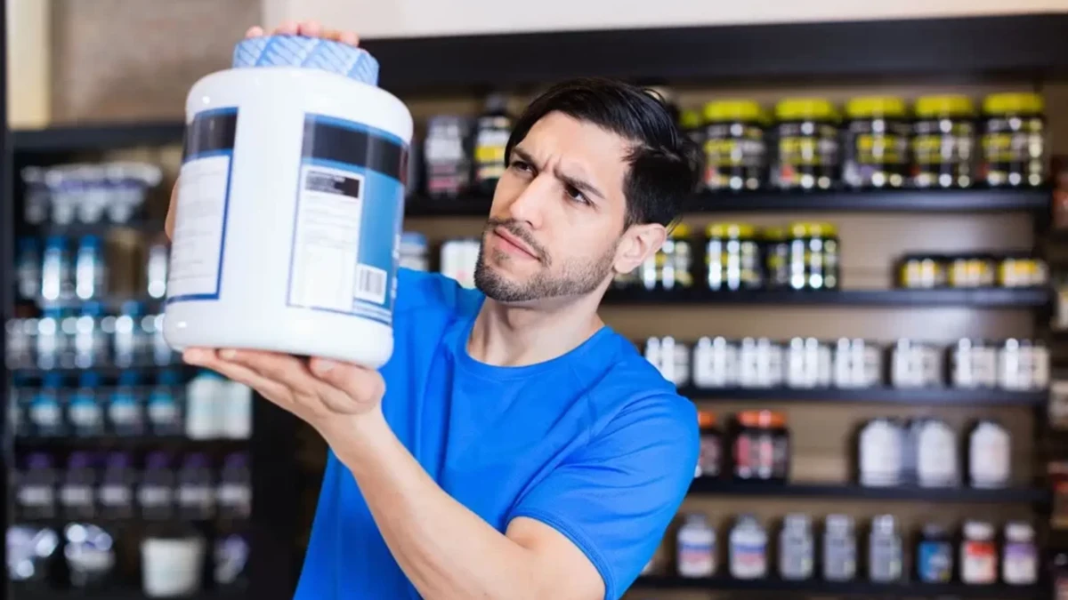 مرد جوان با تیشرت آبی که یک قوطی مکمل بدنسازی را جلوی صورت خود گرفته است