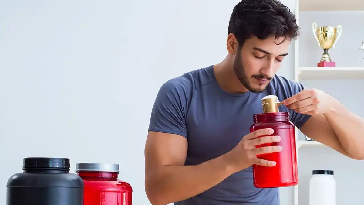 مردی جوانی که با قاشق پودر مکمل بدنسازی را از قوطی خالی می کند و در کنار او دو قوطی مکمل قرار دارد