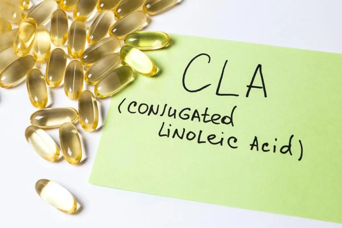 چند کپسول سی ال ای که روی سطح ریخته است و روی یک تکه کاغذ سبز رنگ نوشته شده CLA conjugated linoleic acid