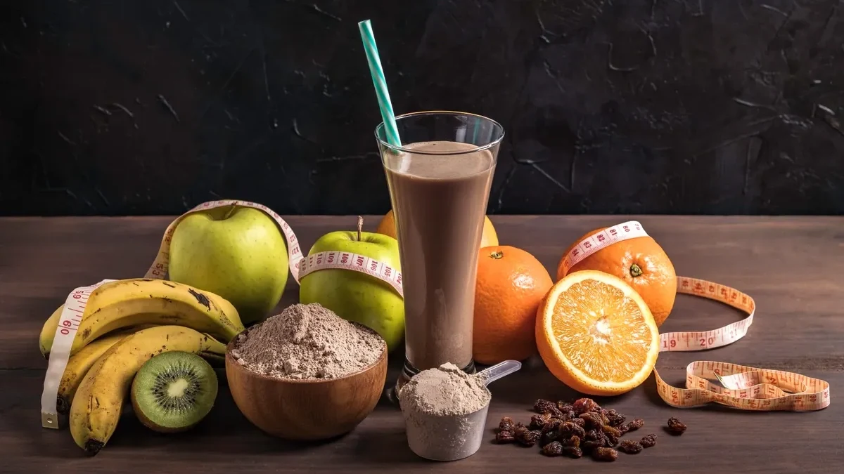 برخی از میوه های مفید برای بدنسازی در کنار یک لیوان شیک بدنسازی و یک کاسه و یک قاشق پودر وی