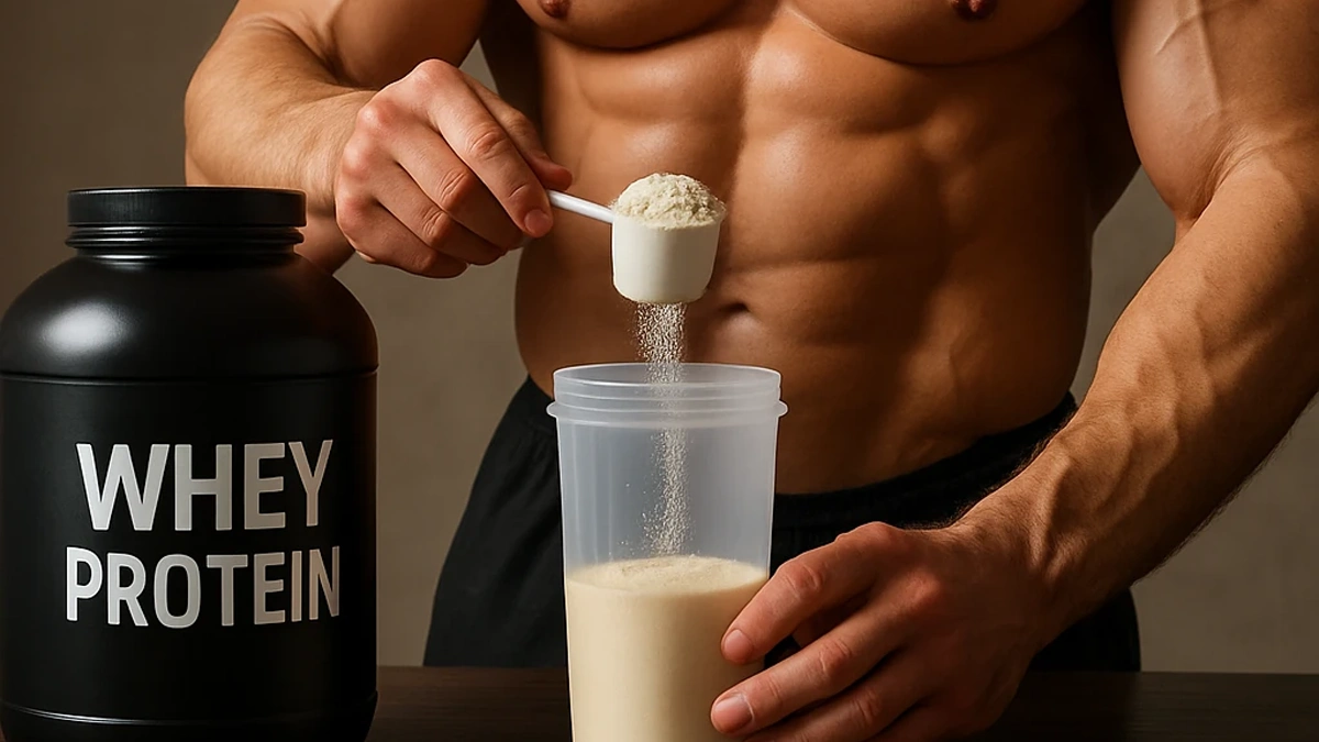 مرد بدنسازی که پشت میز ایستاده و یک اسکوپ پروتئین وی داخل شیکر خود می ریزد و یک قوطی پروتئین وی روی میز است