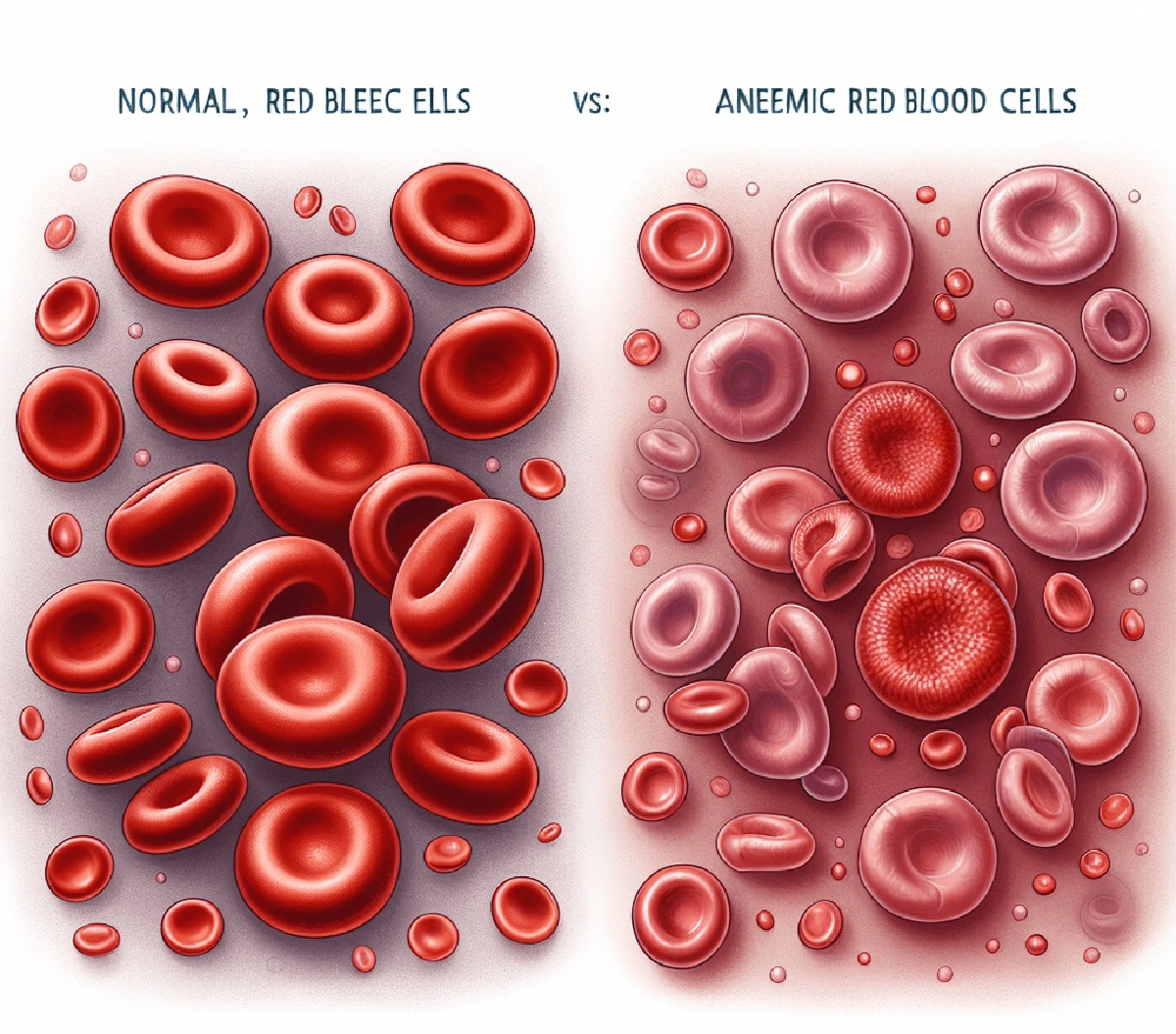 گلبول های قرمز عادی در سمت چپ و گلبول های فرد مبتلا به کم خونی در سمت راست