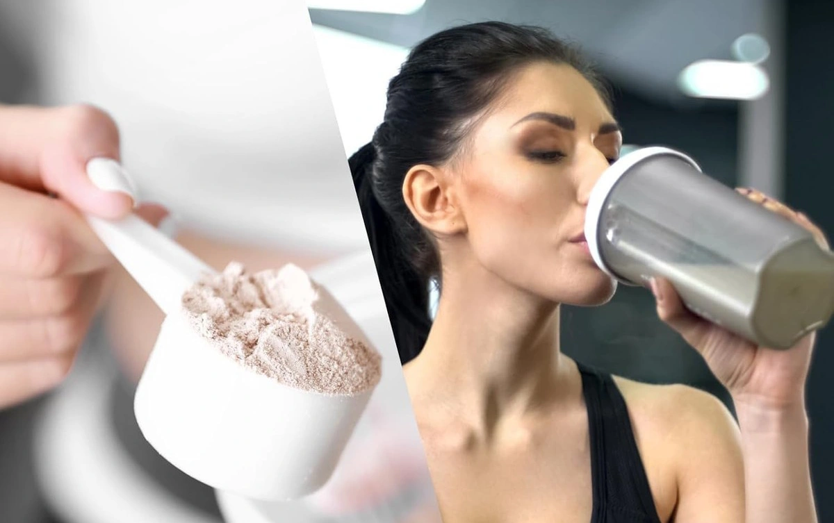 عکس اسکوپ پودر وی در سمت چپ و زنی که با قمقمه پودر وی می خورد