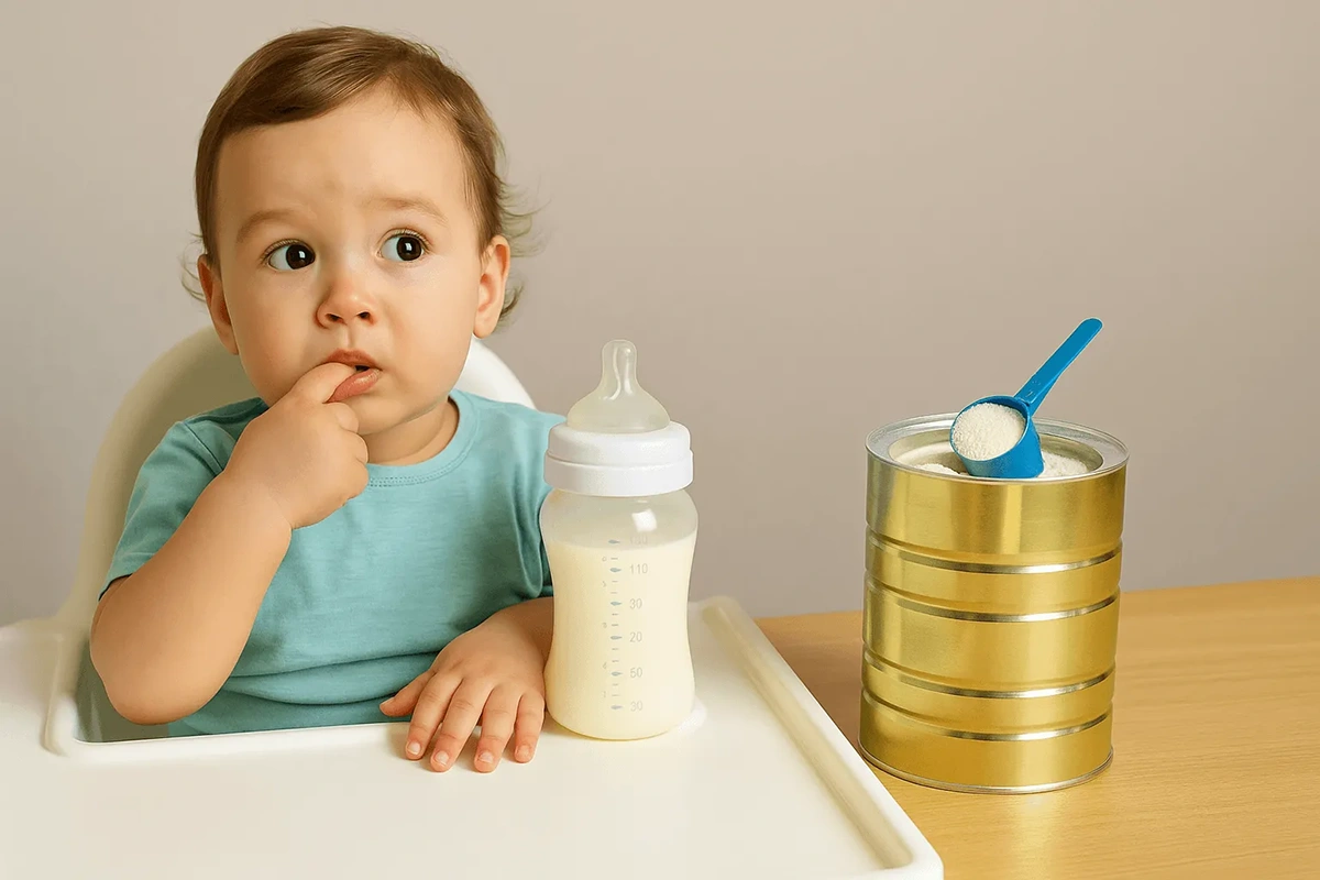نوزادی که پشت صندلی نشسته و جلوی او روی میز یک شیشه شیر و یک قوطی مکمل غذایی وجود دارد