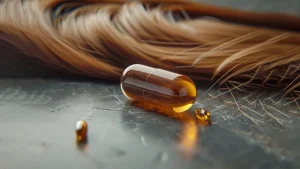عکس یک کپسول مولتی ویتامین که پشت آن موهای بلند قهوه ای ریخته